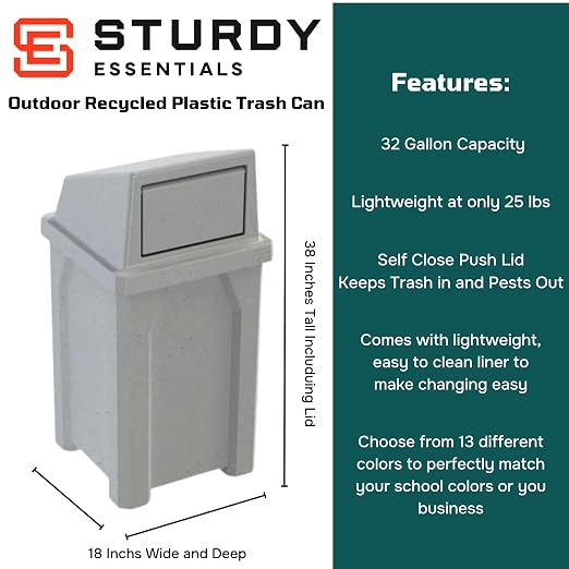32 Gallon Square 100% Recycled Plastic Heavy Duty Outdoor Trash Can - Image 2