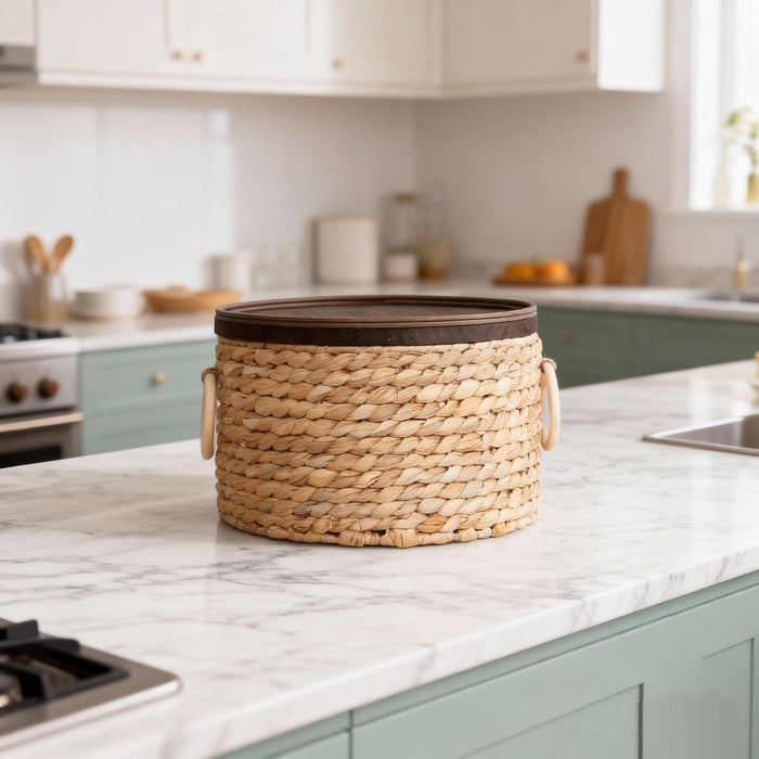 Round Water Hyacinth Wicker Storage Basket with Lid (Large)