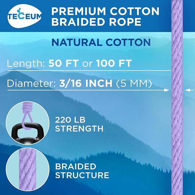 TECEUM Cotton Rope 3/16” – 50 FT – Strong All-Purpose Braided Rope – Natural - Image 2