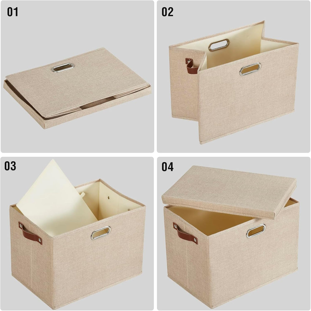 17" Large Fabric Storage Box with Lids, 3-Pack, Khaki
