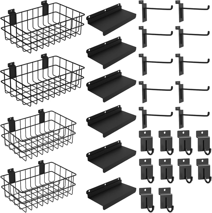 30 PCS Slatwall Accessories Kit, with 4 Pcs Slatwall Baskets, 6 Pcs Slatwall Shelves, 10 Pcs 6 Inch Slatwall Hooks, 10 Pcs Slatwall Hooks, Shelves Heavy Duty for Garage, Shop Organizing, Display