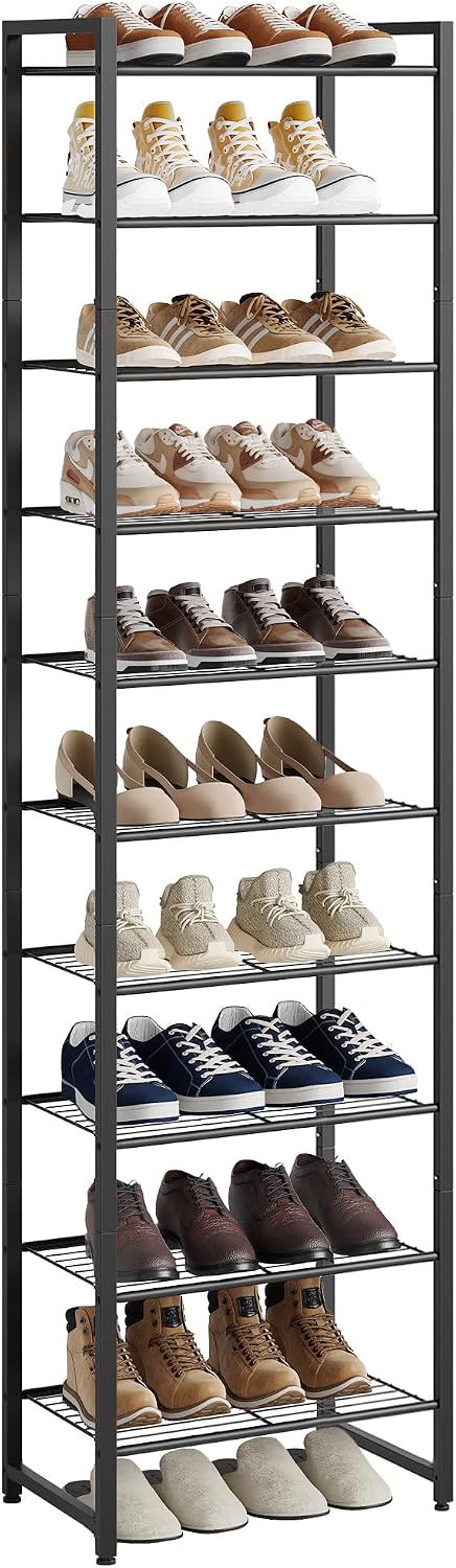 Nunsino Narrow Shoe Rack, 10-Tier Metal Shoe Organizer,Tall Shoe Shelf with A...
