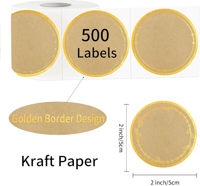 2" Kraft Label Stickers for Jars and Lids, 6 Different Gold Border Designs - Image 2