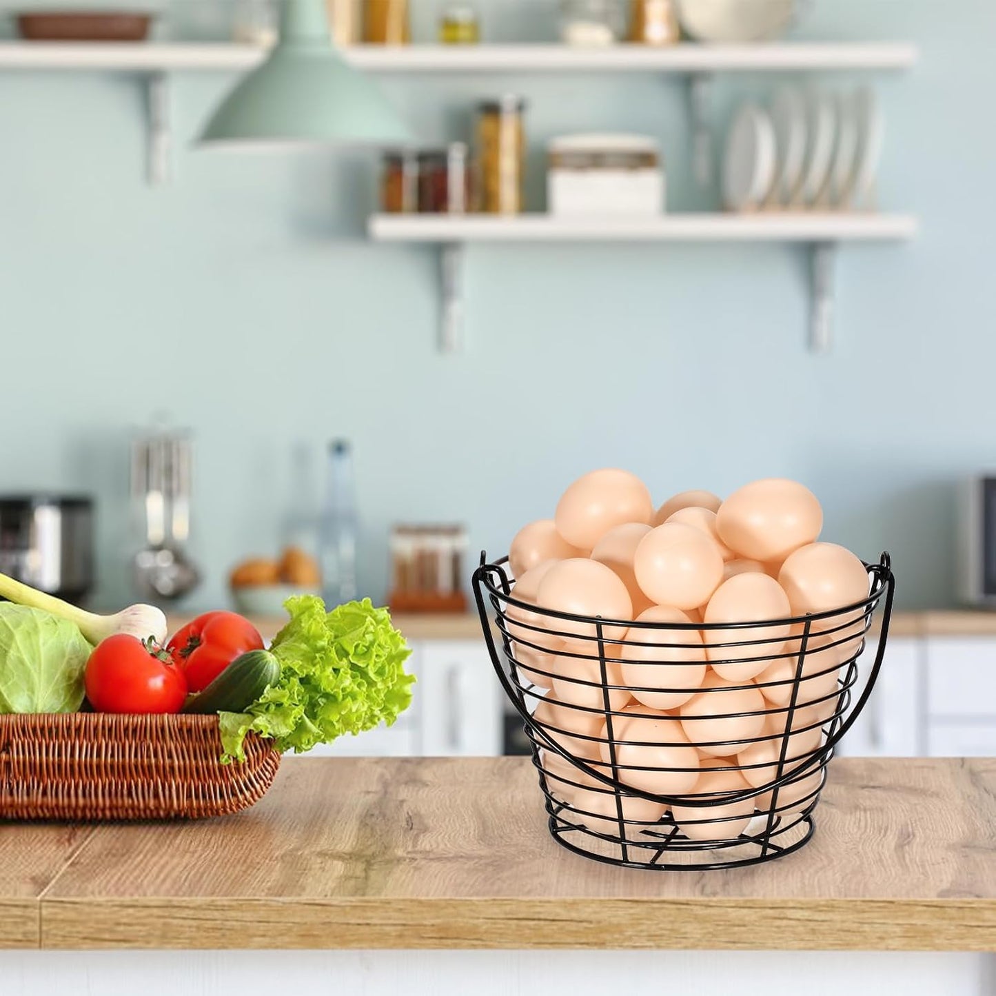 3 PCS 8" Black Round Wire Egg Baskets With Handle Egg Collecting Basket | Small Metal Egg Basket for Gathering Fresh Eggs, Chicken and Duck Eggs Hunting Basket Egg Holder Countertop