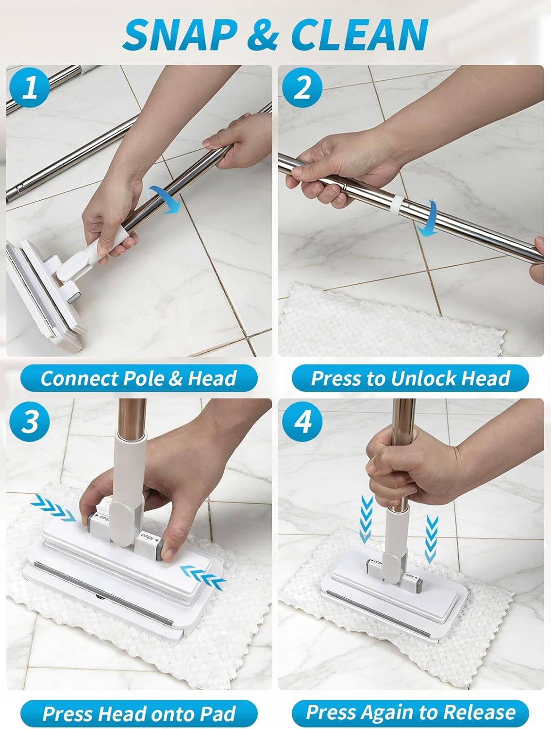 Snap Grip Mini Mop with 5 Reusable Cloths, 50 Inch Adjustable Lazy Mop, Hands Free Cloth Changing Flat Mops with Wall Hook for Wet Dry Floor Wall Bathroom Kitchen Corner Cleaning