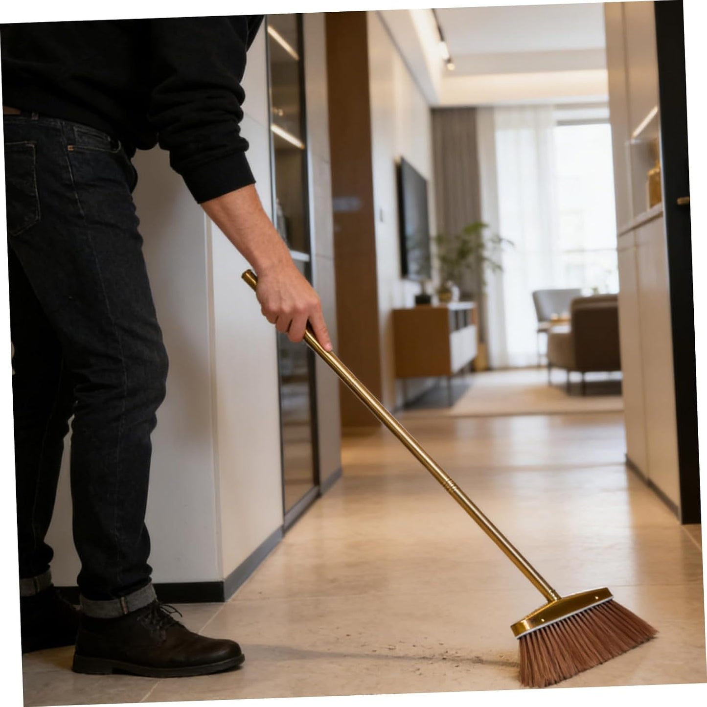MAGICLULU Golden Stainless Steel Dust Broom Weather Resistant and Moistureproof Material with Detachable Handle Sturdy Hardwood Floor Sweeper for Indoor and Yard Floor Cleaning for House
