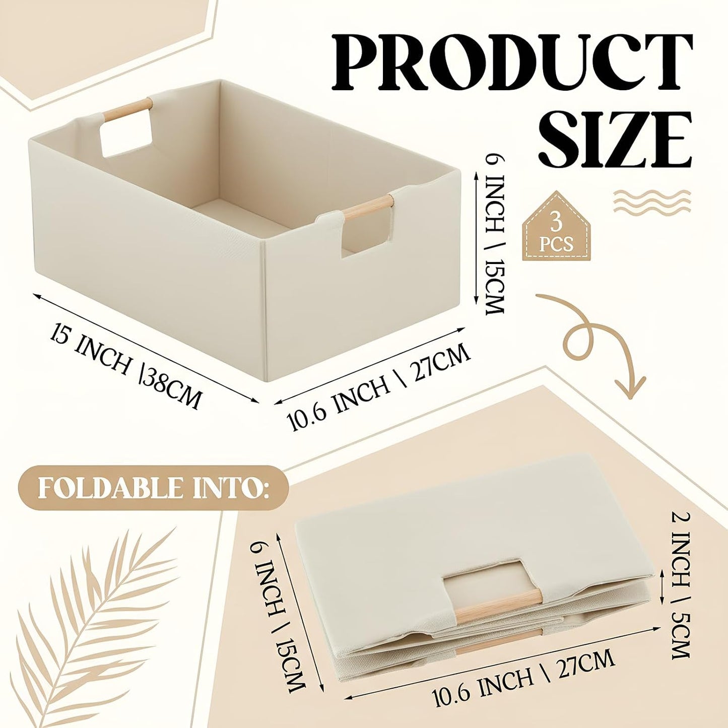 Cinnvoice 3 Pack Fabric Storage Bins for Closet Shelves, 15 x 10.6 x 6 Inch Beige Rectangle Wardrobe Organizer with Handle, Collapsible Shelves Storage Basket for Sorting Clothes and Toy