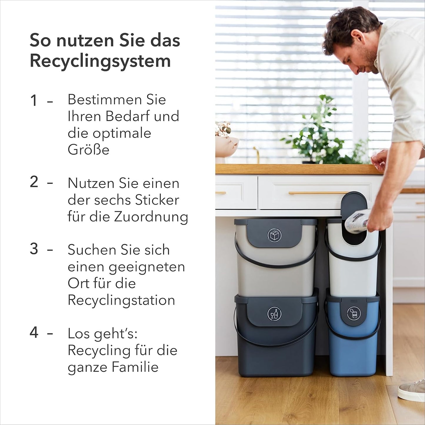 Rotho Indoor Recycling bin from Albula - 1024901023, White, 25 l (40.0 x 23.5 x 34.0 cm)