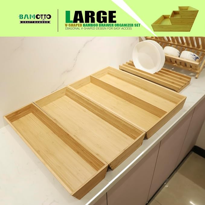 V-Shaped Bamboo Drawer Organizer Set of 3, Kitchen Large and Long Utensil Plate - Image 6