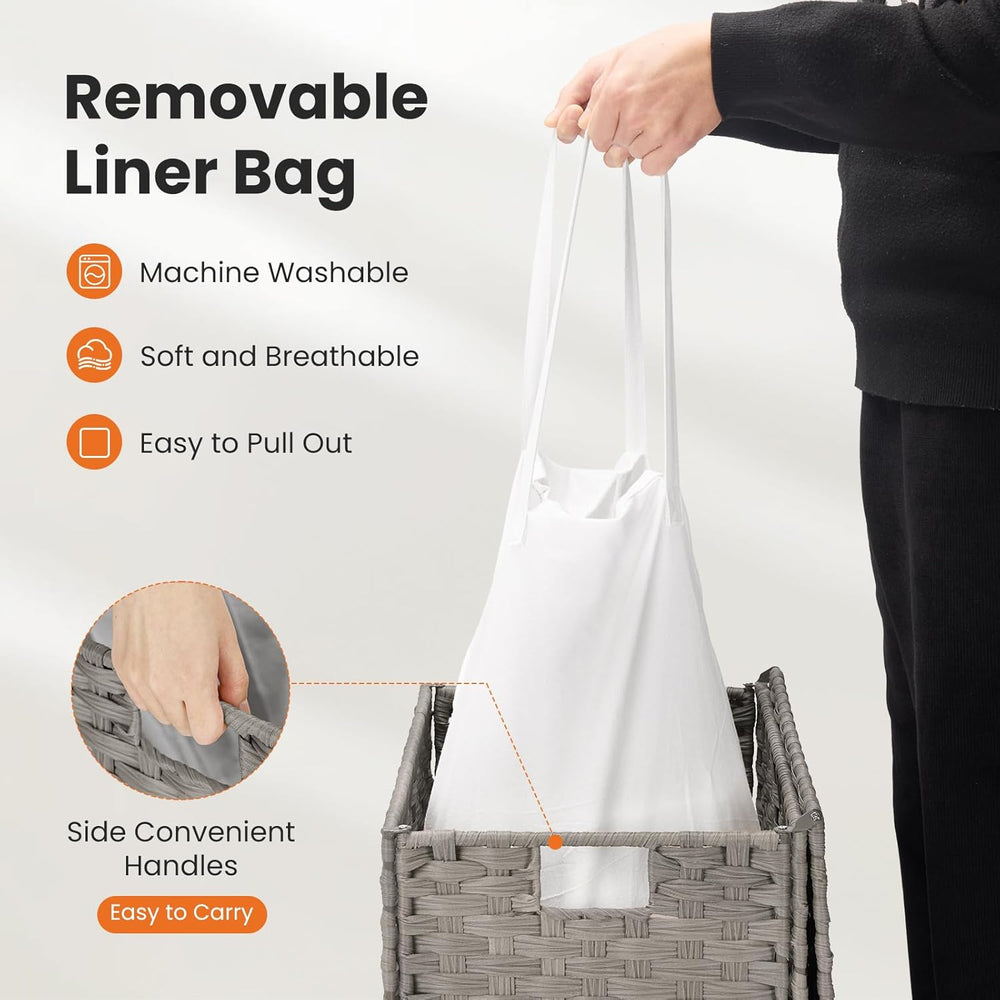 110L Laundry Hamper with Lid, Hand-Woven Pp Rattan Laundry Basket with Compar...