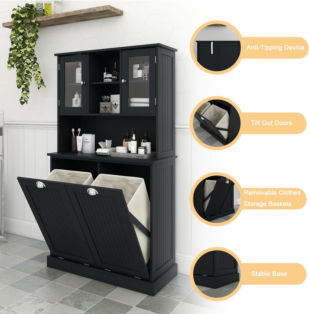 Tall Tilt Out Laundry Hamper Cabinet with 2 Removable Baskets, Laundry Room C...