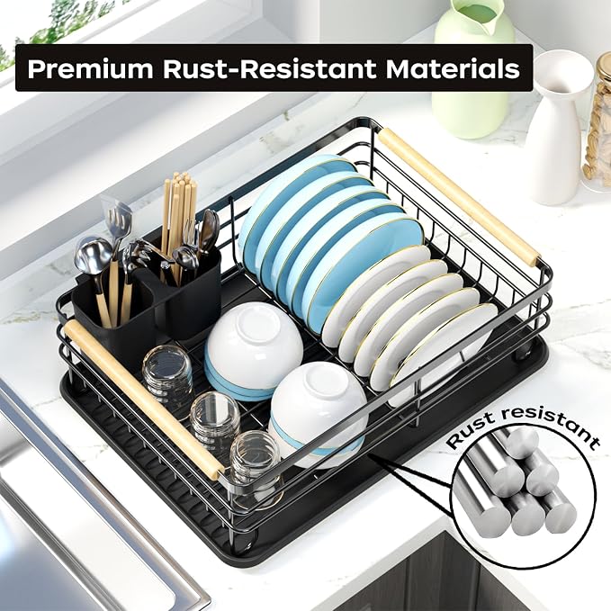 Dish Racks for Kitchen Counter: Wooden Handles, Thickened Metal, No Assembly. - Image 3