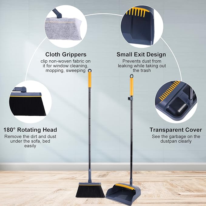 JEHONN Broom and Dustpan Set for Home, 54 Inches Long Handle Lightweight 180 - Image 2