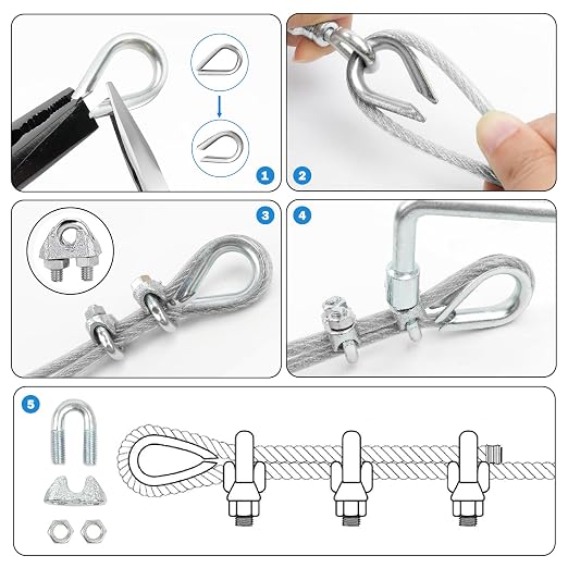 3/16" Wire Rope Kit, 100Ft PVC Coated Steel Cable Guide Wire Tensioner Strainer - Image 5