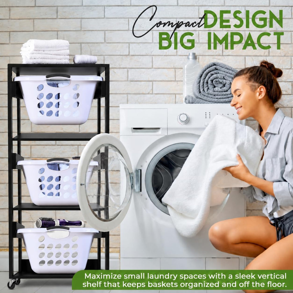 Laundry Basket Holder Shelf, Stackable Laundry Sorter (Black, 3 Tier)