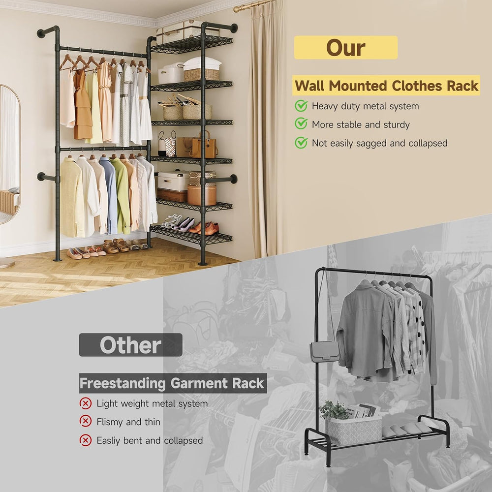 ONBRILL L2 Wall Mounted Closet System, Industrial Pipe Clothing Rack, Black