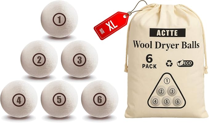 Sheep Wool Dryer Balls 6 Pack XL Premium Natural Fabric Softener, Reusable by ACTTE
