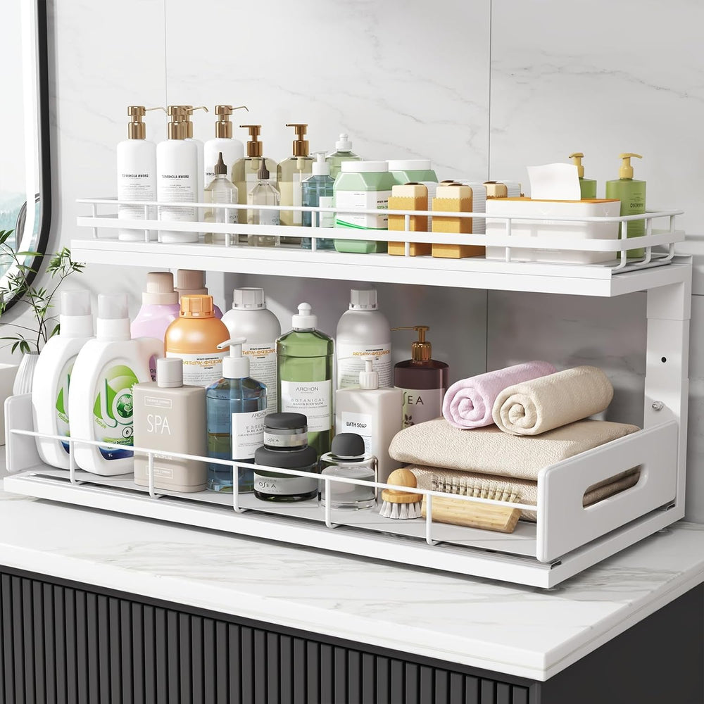 Under Sink Organizer Upgrade To Professional Rails,2-Tier Dual Pull Out Cabin...