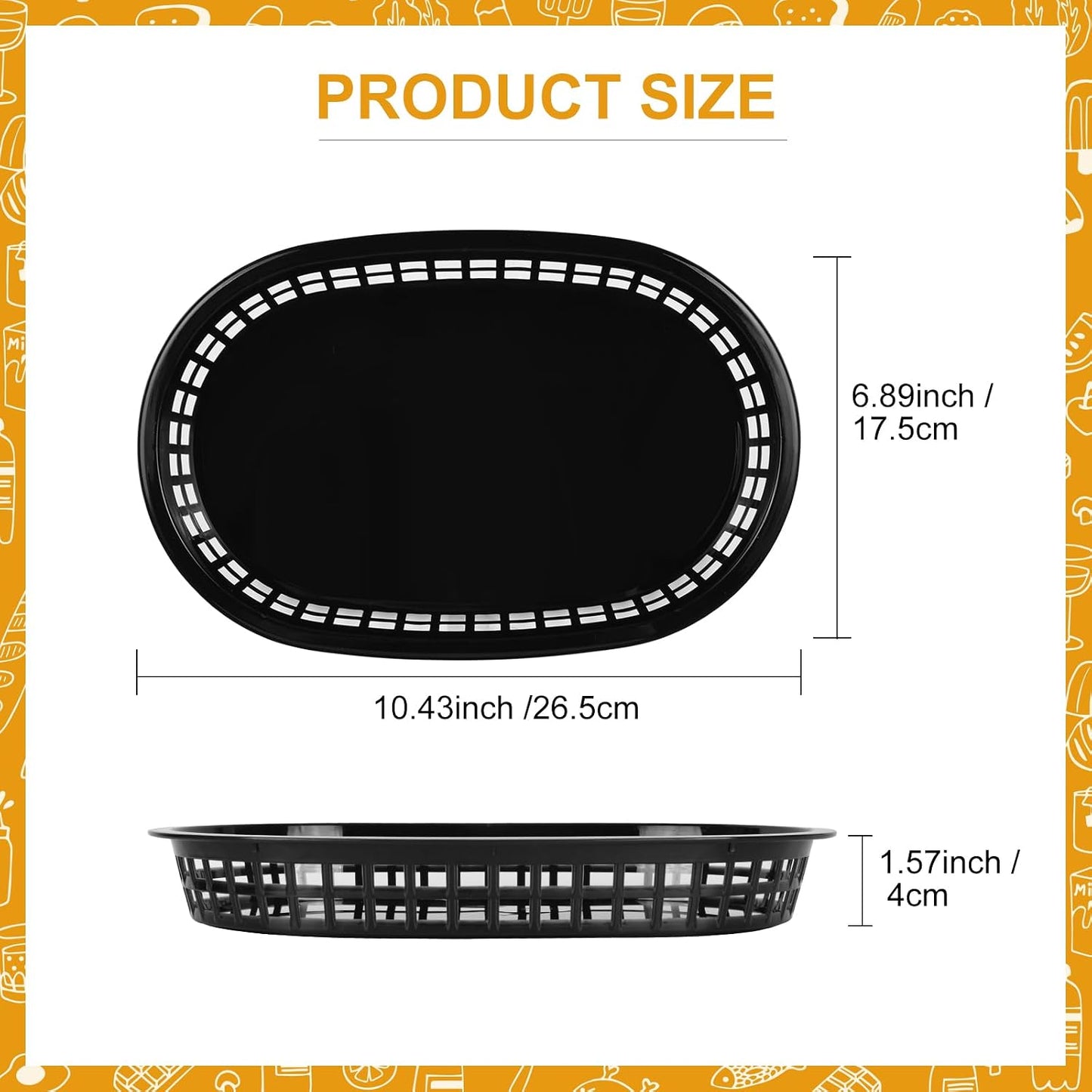 70PCS Oval Black Plastic Food Baskets 10.5×7inch Plastic Baskets For Food For Fried Chicken，Hamburger，French Fries，Hot Dog，Family Gathering Picnic