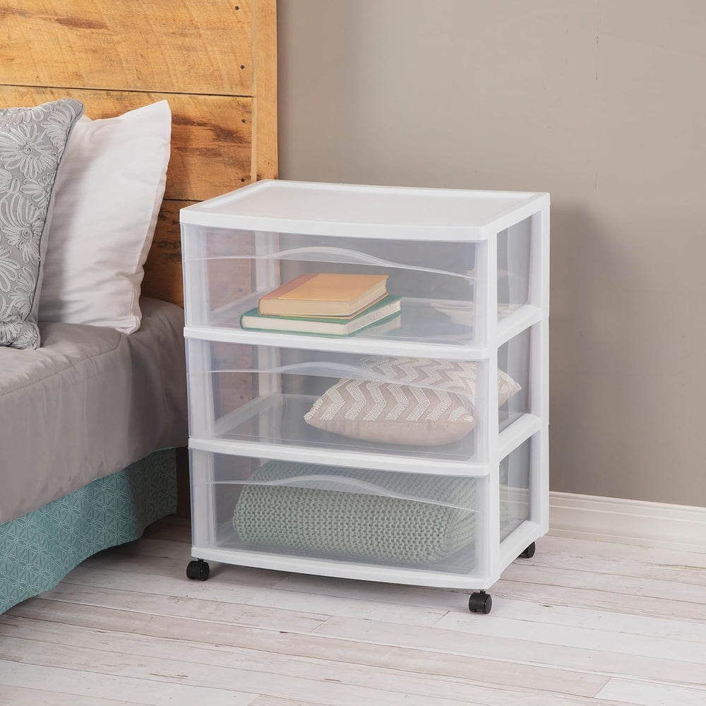 Sterilite Wide 3-Drawer Cart with Wheels for Bedroom and Dresser, 2-Pack