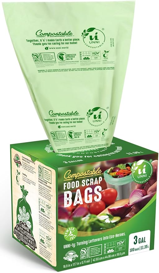 UNNI Compostable Trash Bags, 3 Gallon / 11.35 Liter, Extra Thick 0.71 Mil Small by UNNI