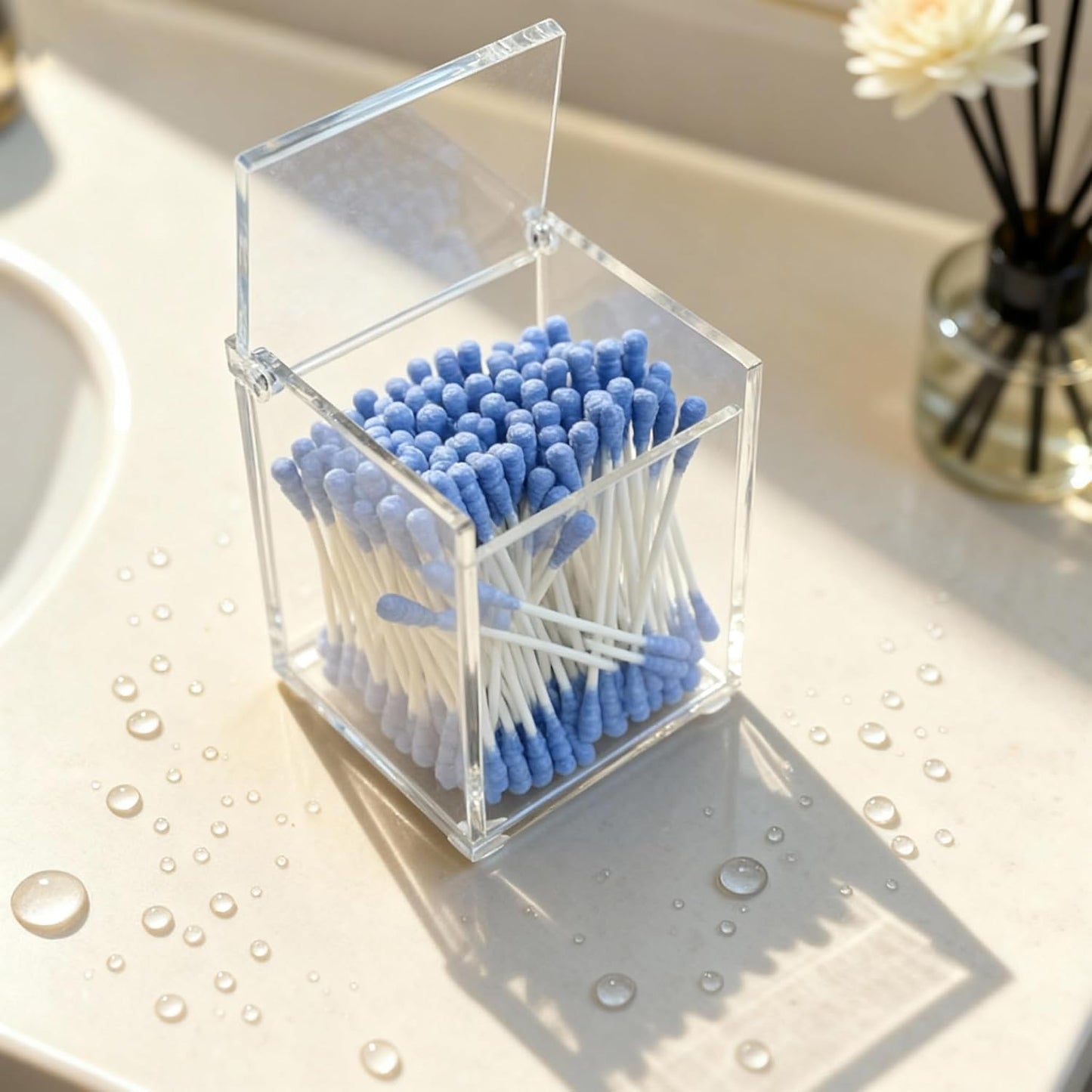 Clear Acrylic Qtip Holder with Lid, Cotton Balls Swab Organizer | 2.95" x 2.56" x 3.94" Dispenser for Makeup Pad, Floss Picks, Bath Salts, Cosmetic Storage Case, Home Bathroom Decor