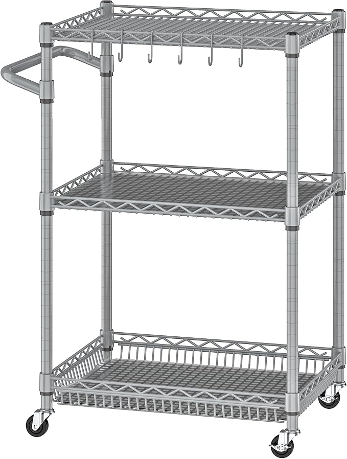 Metal Carts with Wheels, 3 Tier Rolling Utility Carts with Storage, Steel Wire by Alexayhome