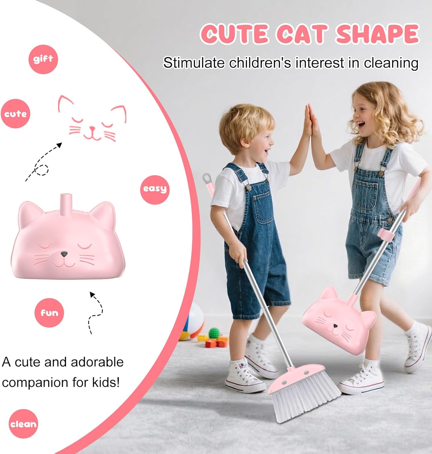 Mini Broom with Dustpan for Kids, 28-in Handle Kids Broom and Dustpan Set for Toddlers Cat-Shaped Children Cleaning Set Boys Girls Small Housekeeping Helper Set, Pink