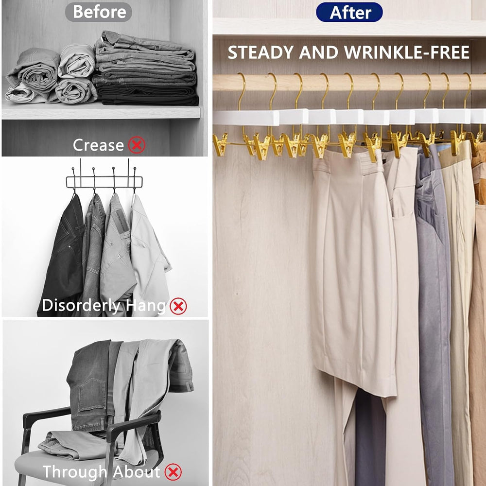 Amber Home 24 Pack White Wooden Pants Hangers with Gold Clips