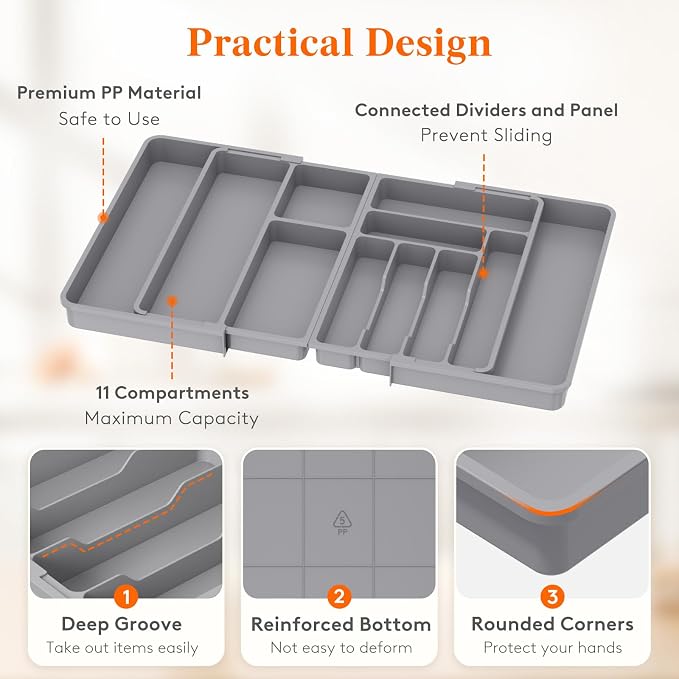 Lifewit Large Silverware Drawer Organizer, Plastic Cooking Utensil Tray - Image 6