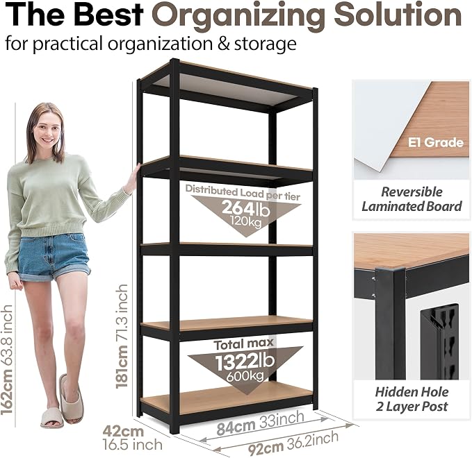 HOMEDANT House Black 5-Tier Laminated Metal Shelving Unit Adjustable Storage - Image 2