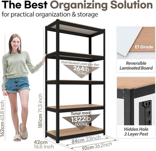 HOMEDANT House Black 5-Tier Laminated Metal Shelving Unit Adjustable Storage - Image 2