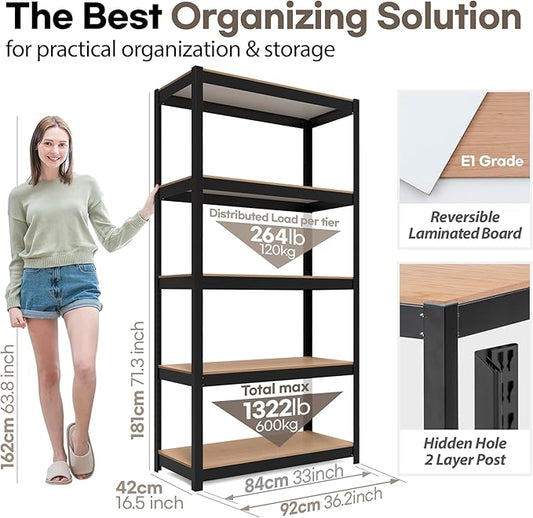 HOMEDANT House Black 5-Tier Laminated Metal Shelving Unit Adjustable Storage - Image 2