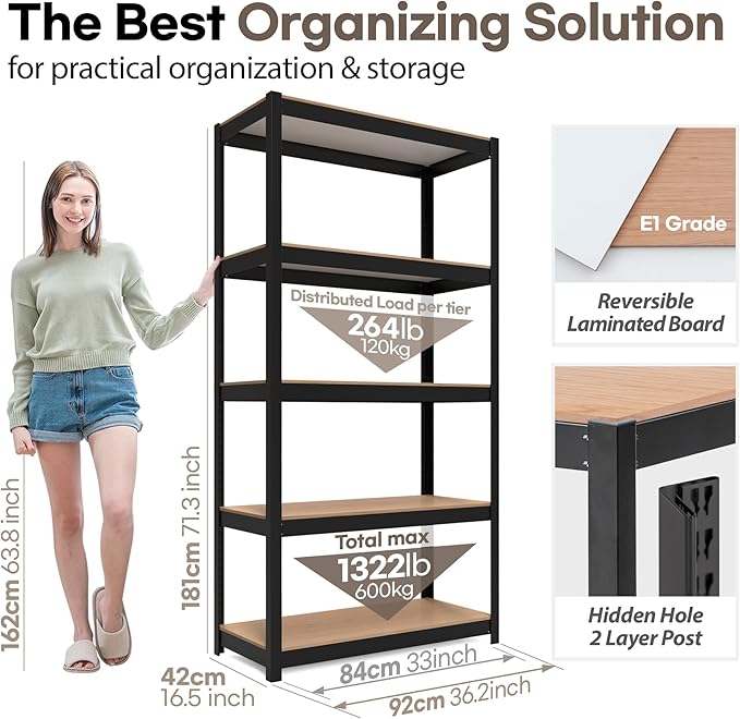 HOMEDANT House Black 5-Tier Laminated Metal Shelving Unit Adjustable Storage - Image 2
