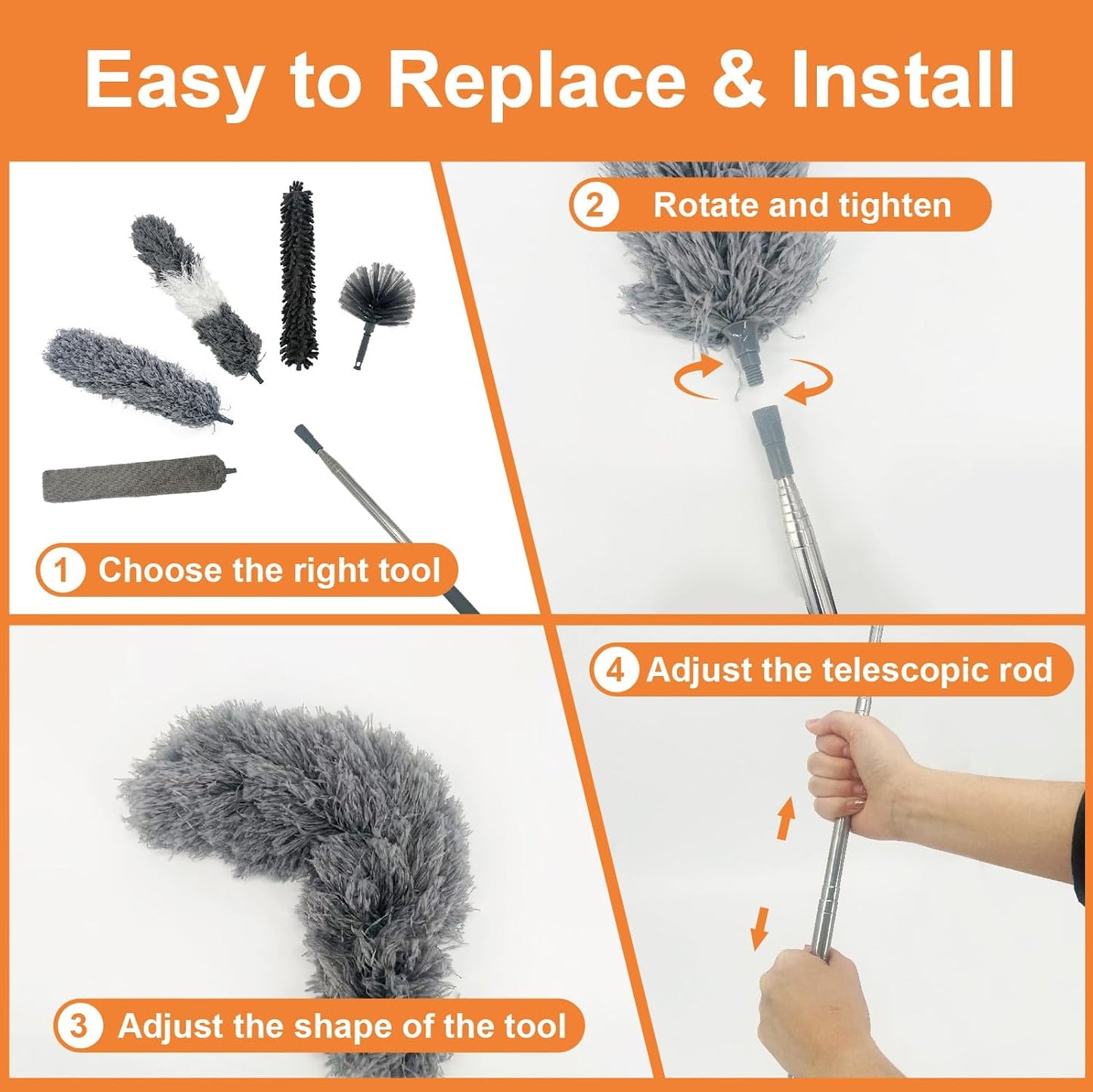 15 PCS Feather Dusters for Cleaning, Microfiber Duster with Extension Pole 100in, Extendable Duster for High Ceilings, Ceiling Fans, Baseboards, Blinds, Car Interior - Washable Reusable Dusting Tools