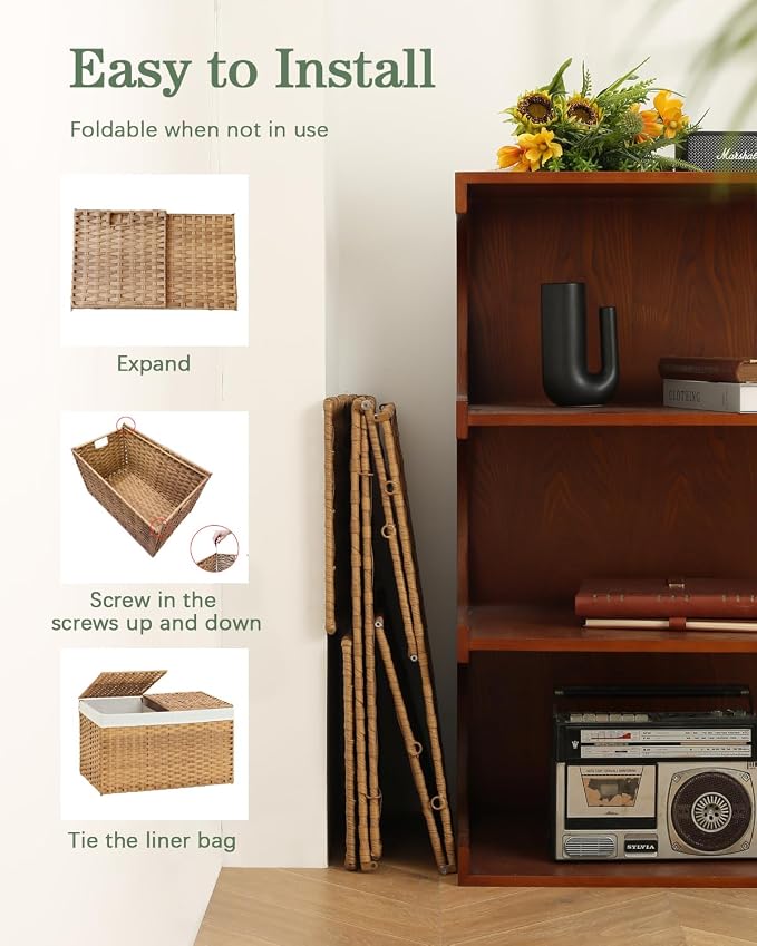 Storage Basket with Lid Rattan Storage Basket with 2 Separate Lid, 27.8 Gallon - Image 6
