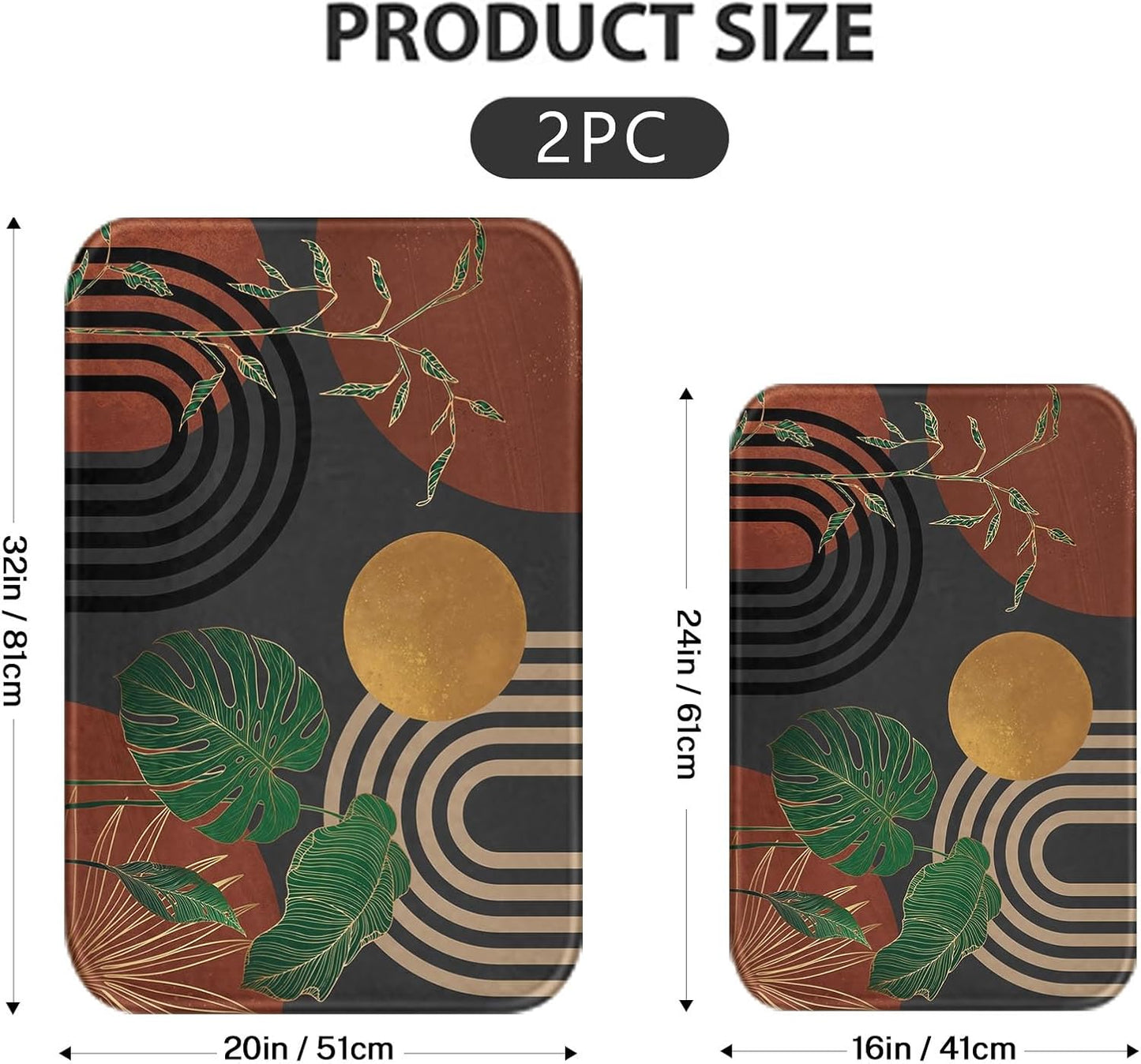 Britimes Boho Abstract Tropical Gold Botanical Bathroom Rug Mat Set of 2, Washable Cover Floor Rug Carpets Floor Bath Mat Bathroom Decorations 16x24 and 20x32 Inches
