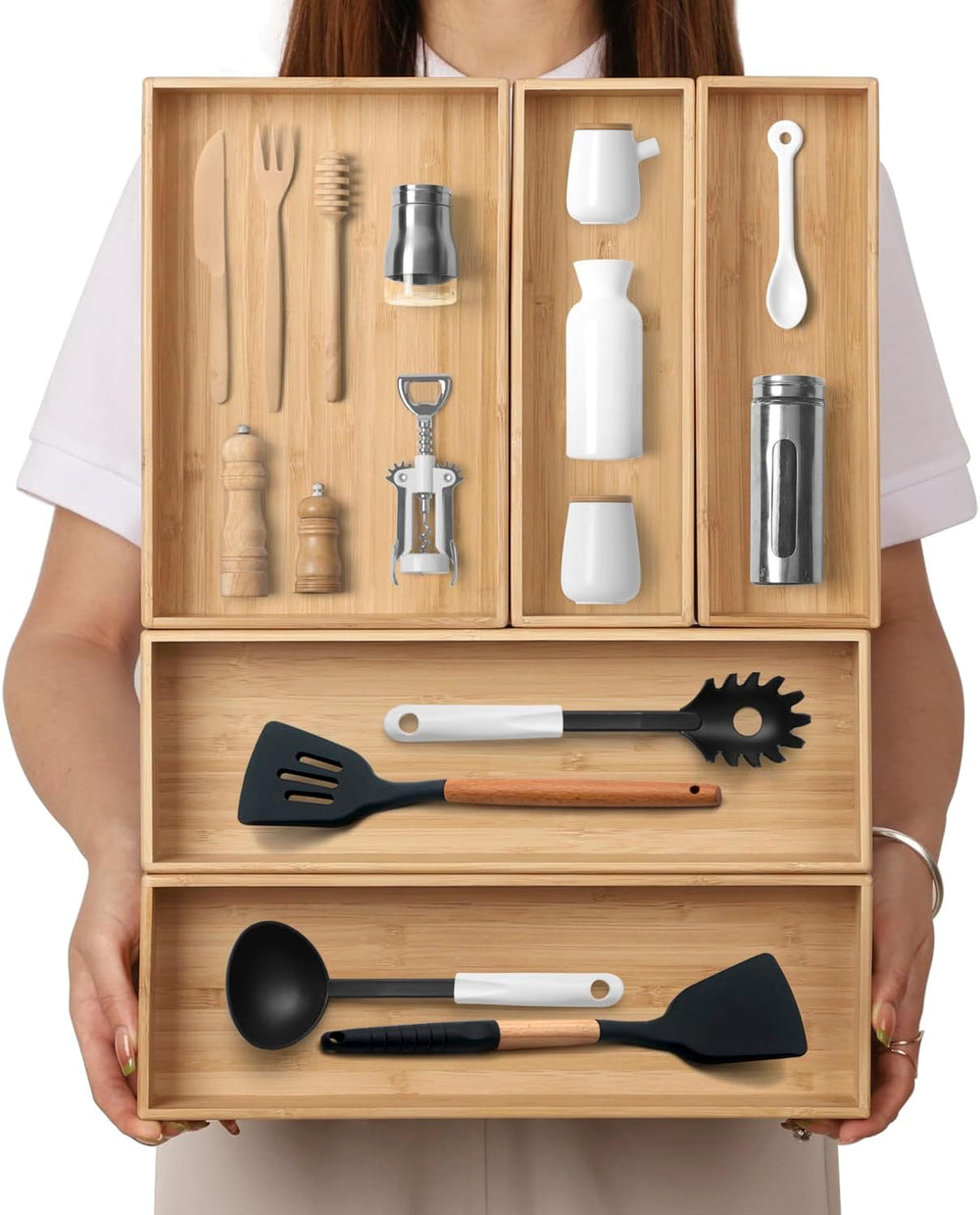 Stack Bamboo Drawer Organizer Set of 5, Kitchen Utensil, Flatware&Silverware