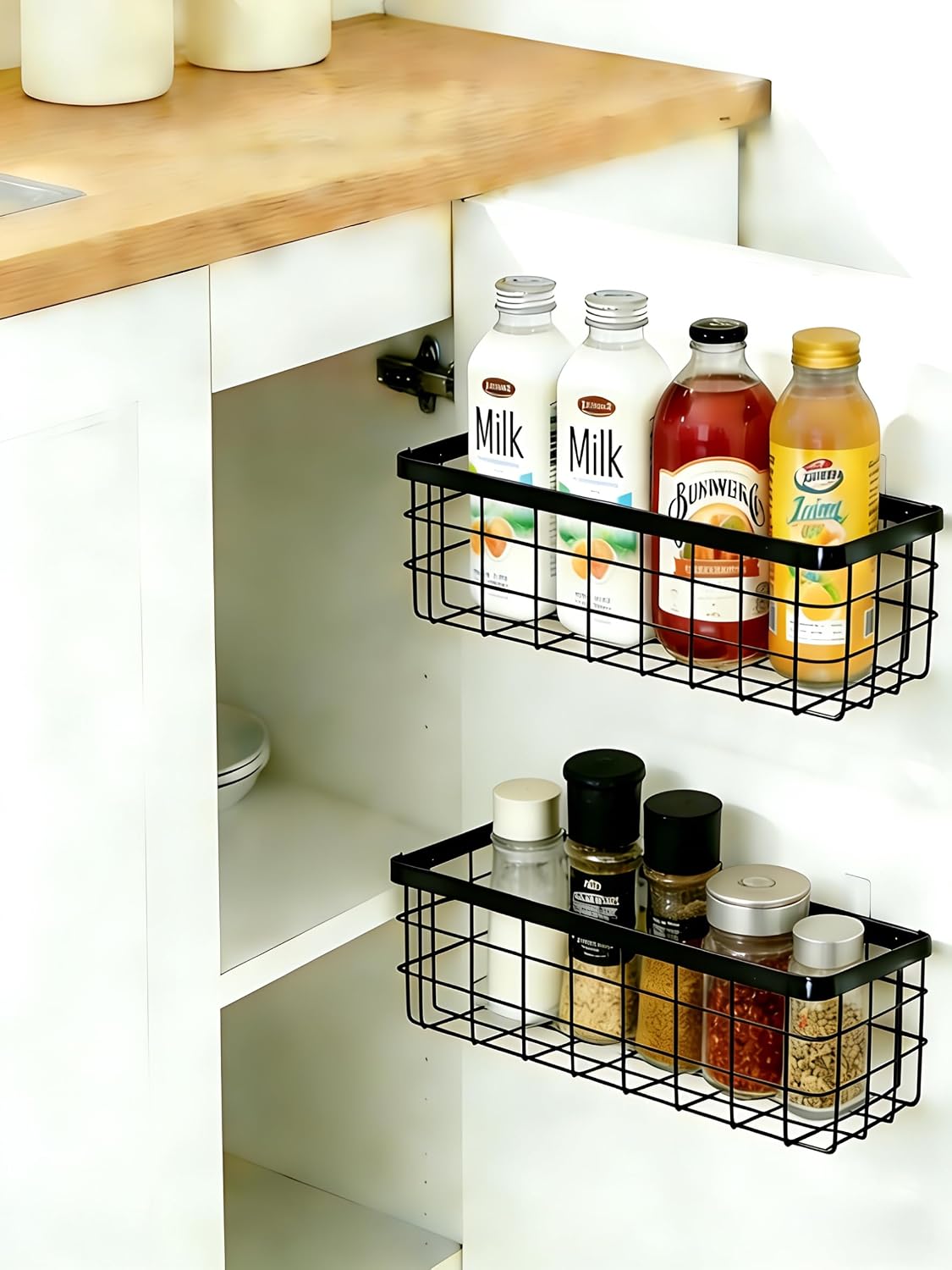 2PCS Adhesive Metal Wire Wall Storage Organizer Hanging Baskets Black M+L | Drill-free mount. Suitable for kitchen, bathroom, pantry, cabinet; serves as spice rack, shower caddy and storage organizer
