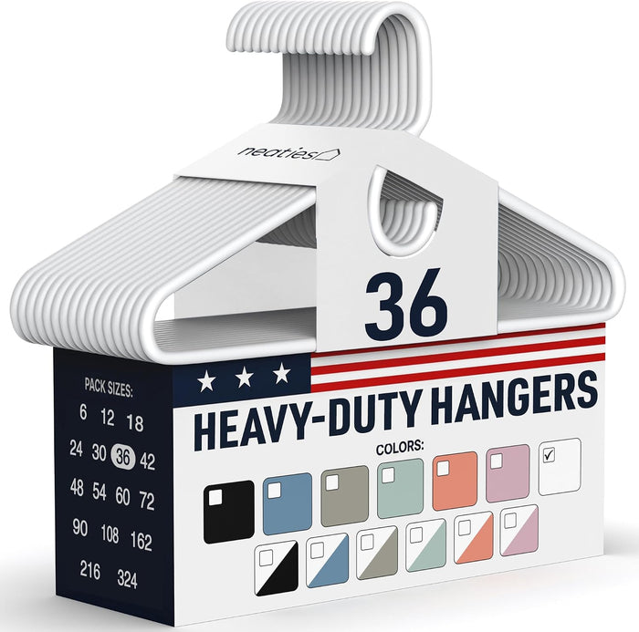 Heavy Duty Clothes Hangers 36 Pack – Made in The USA – 8lb Capacity Plastic Hangers for Adult Clothing – Durable for Pants, Coats, Jackets, or Jeans – White