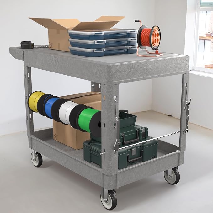 Large Garage Flat Top Utility Cart, Heavy Duty 2 Shelf Tool Cart Service Cart - Image 6