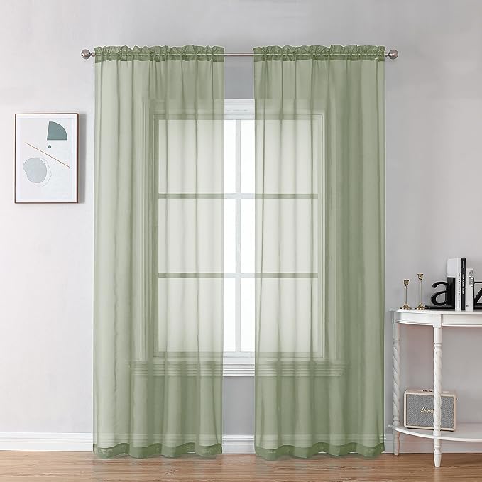 Chyhomenyc Sheer Sage Green Curtains 90 inches Long 2 Panels, Light Filtering by Chyhomenyc