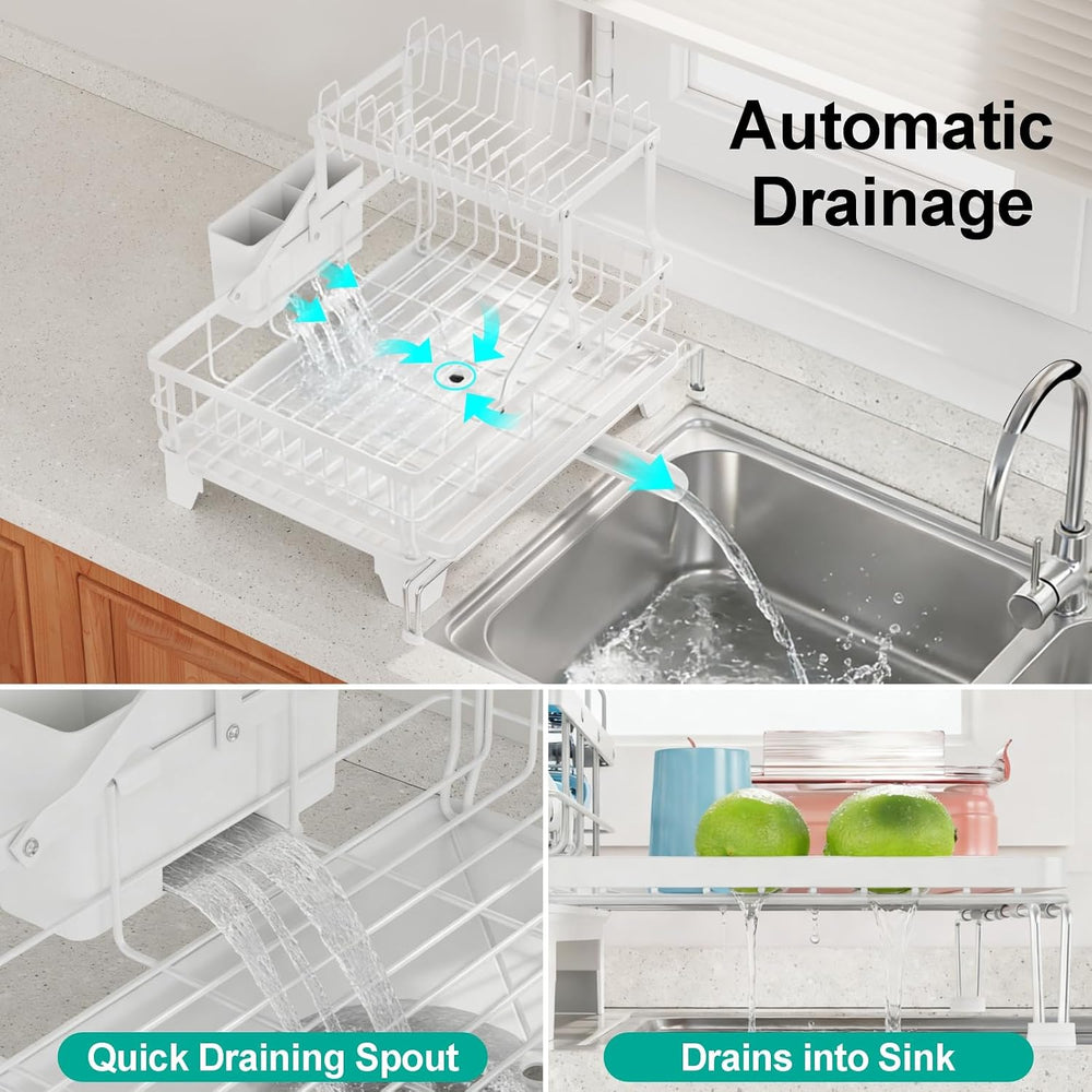 iSPECLE 2 Tier Dish Drying Rack - Expandable Over Sink & Counter Use, White