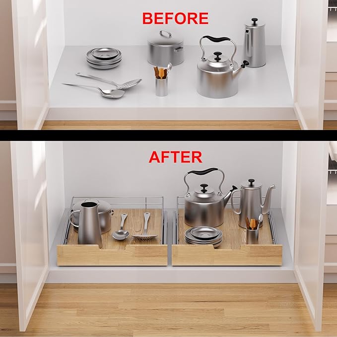 Pull Out Cabinet Organizer, Heavy-Duty Slide Out Shelf, Wood And Wire Basket - Image 6