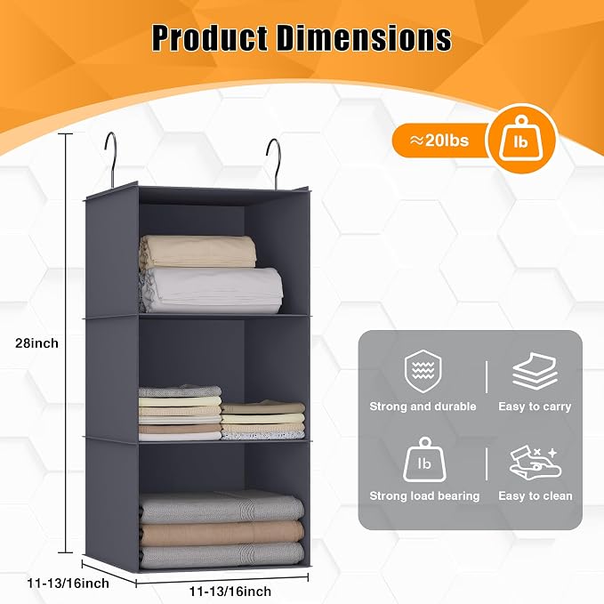 Hanging Closet Organizer and Storage 3-Shelf, Easy Mount Foldable Hanging - Image 3