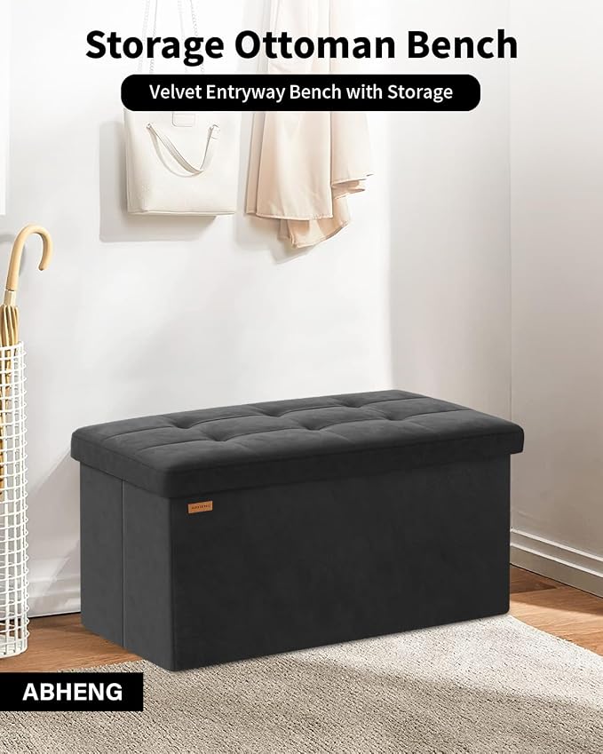 Folding Storage Ottoman, Velvet Storage Bench, Removable Divider, - Image 5