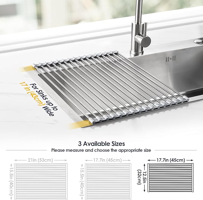Tomorotec Stainless Steel Roll-Up Dish Drying Rack Marble Color Silicone Edges - Image 4