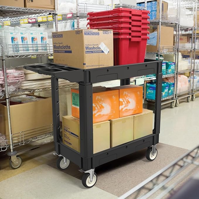 2 Shelf Heavy Duty Plastic Utility Cart, Service Cart Tub Storage W/Deep Shelve - Image 2