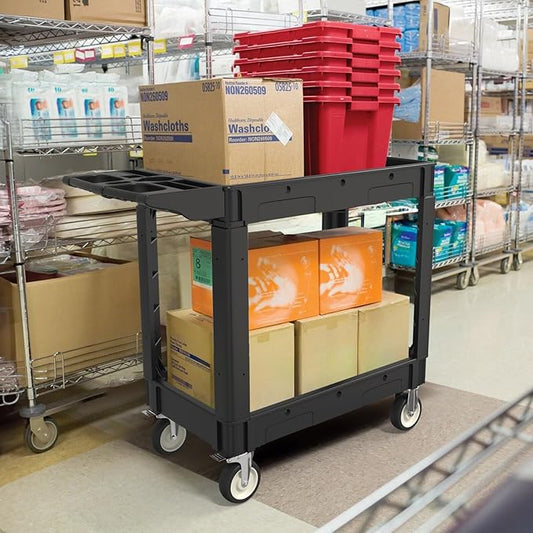 2 Shelf Heavy Duty Plastic Utility Cart, Service Cart Tub Storage W/Deep Shelve - Image 2