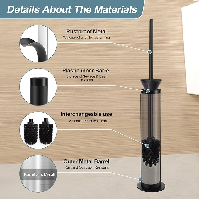 BGL Toilet Brush and Holder Set, Heavy Duty 304 Stainless Steel, Round Base and - Image 2